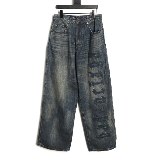 Balenciaga Distressed Denim Trousers with Leg Logo,Balenciaga