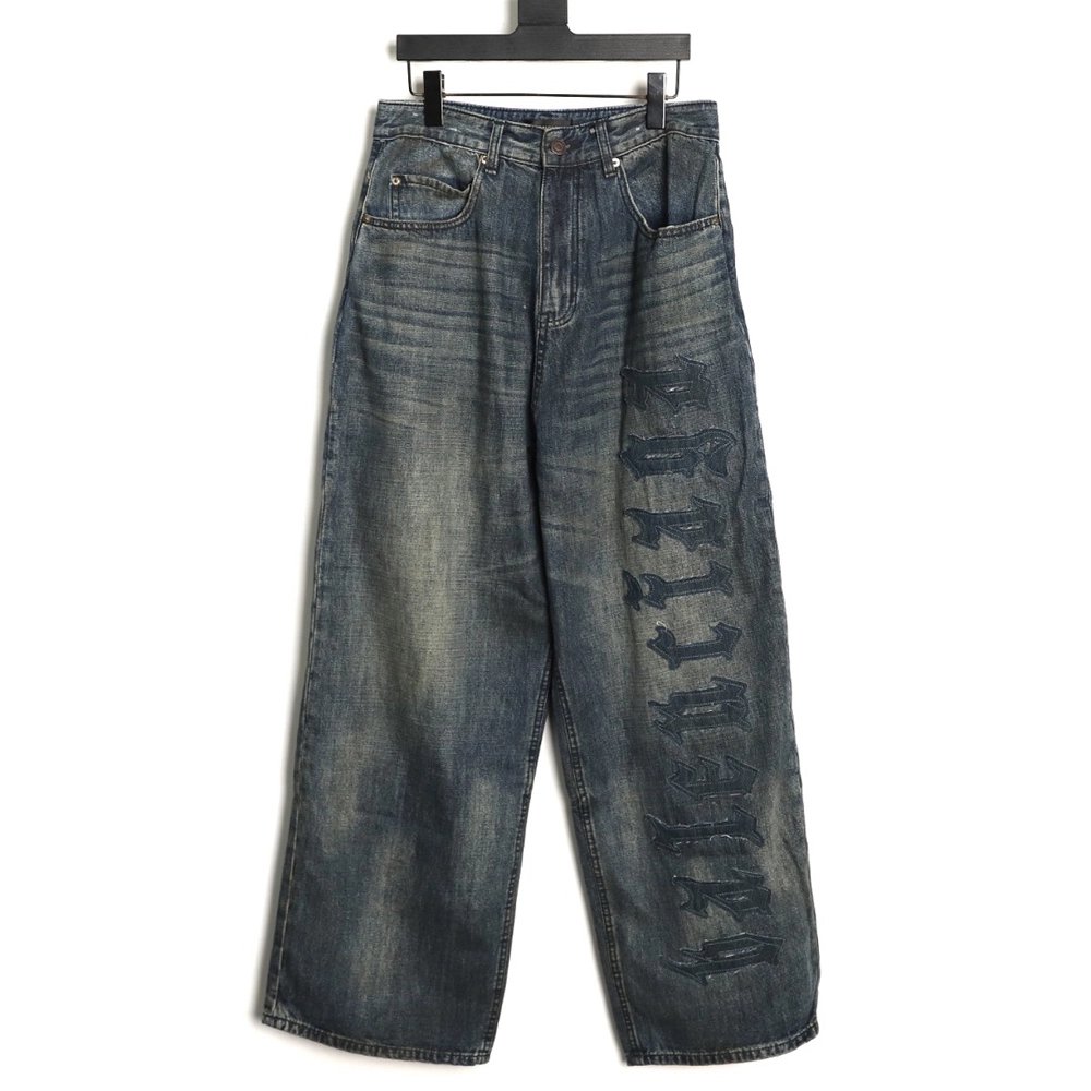 Balenciaga Distressed Denim Trousers with Leg Logo,Balenciaga