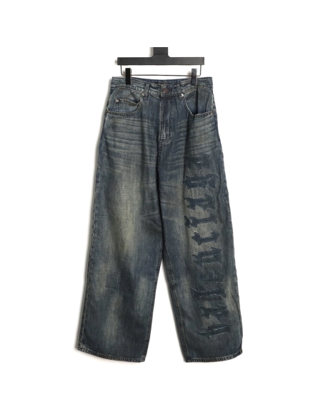 Balenciaga Distressed Denim Trousers with Leg Logo,Balenciaga