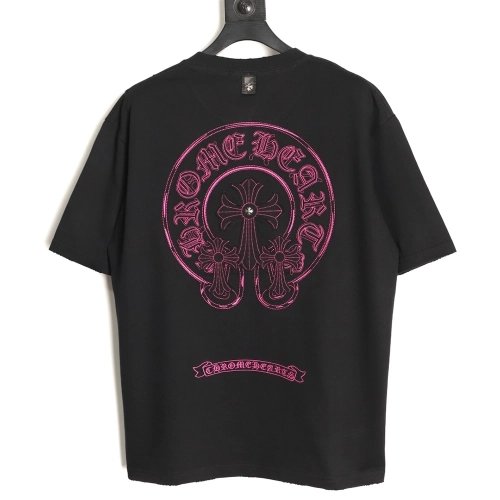 Chrome Hearts Horseshoe Cross Burnout Appliqu¨¦ Embroidered Ripped Short-Sleeve T-Shirt TSK2,Chrome Hearts