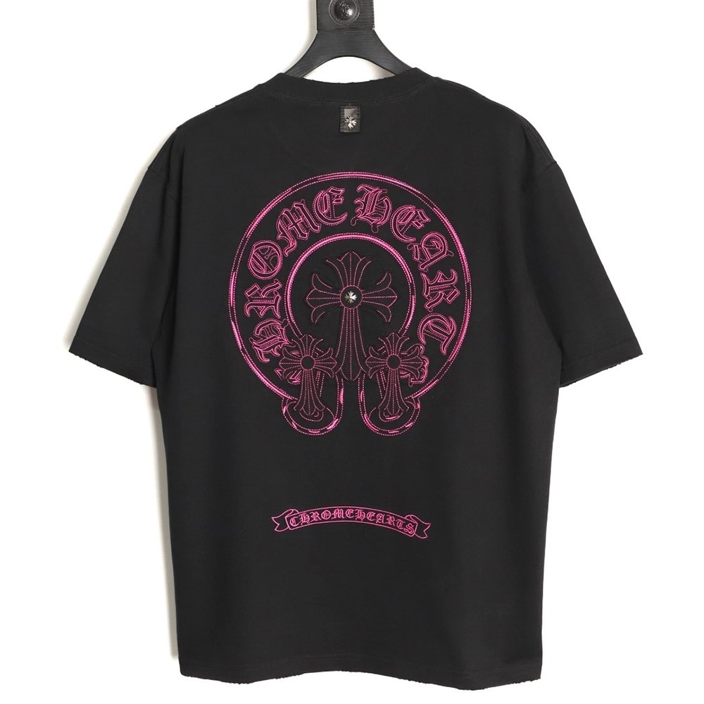 Chrome Hearts Horseshoe Cross Burnout Appliqu¨¦ Embroidered Ripped Short-Sleeve T-Shirt TSK2,Chrome Hearts