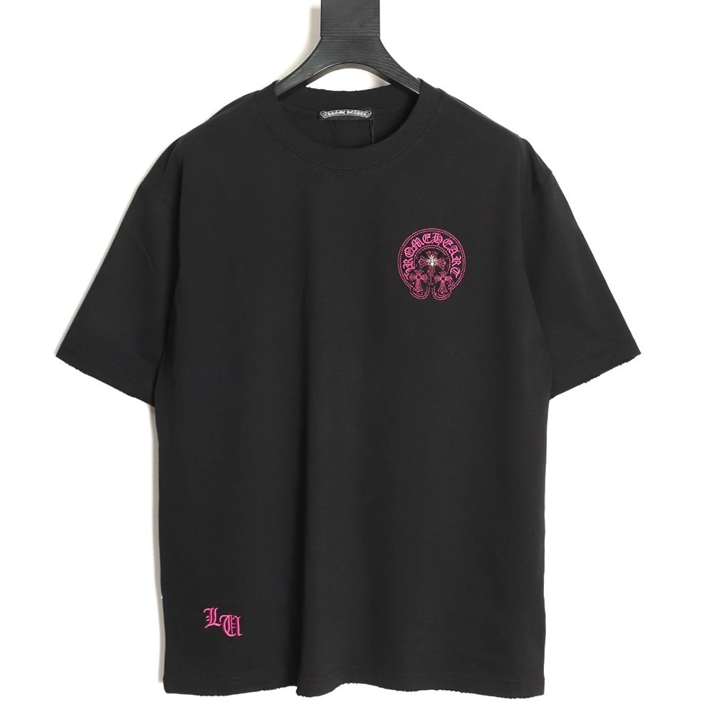 Chrome Hearts Horseshoe Cross Burnout Appliqu¨¦ Embroidered Ripped Short-Sleeve T-Shirt TSK2,Chrome Hearts
