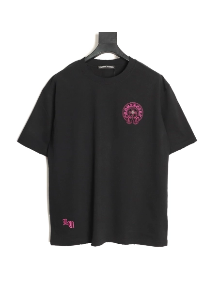 Chrome Hearts Horseshoe Cross Burnout Appliqu¨¦ Embroidered Ripped Short-Sleeve T-Shirt TSK2,Chrome Hearts