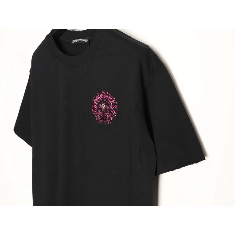 Chrome Hearts Horseshoe Cross Burnout Appliqu¨¦ Embroidered Ripped Short-Sleeve T-Shirt TSK2,Chrome Hearts
