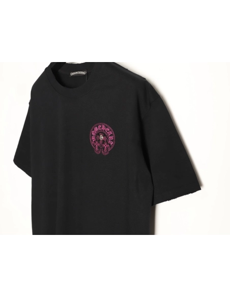 Chrome Hearts Horseshoe Cross Burnout Appliqu¨¦ Embroidered Ripped Short-Sleeve T-Shirt TSK2,Chrome Hearts
