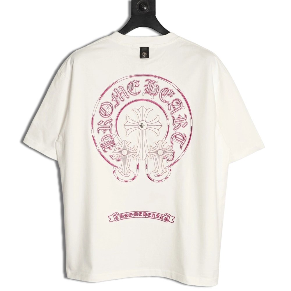 Chrome Hearts Horseshoe Cross Burnout Appliqu¨¦ Embroidered Ripped Short-Sleeve T-Shirt TSK1,Chrome Hearts
