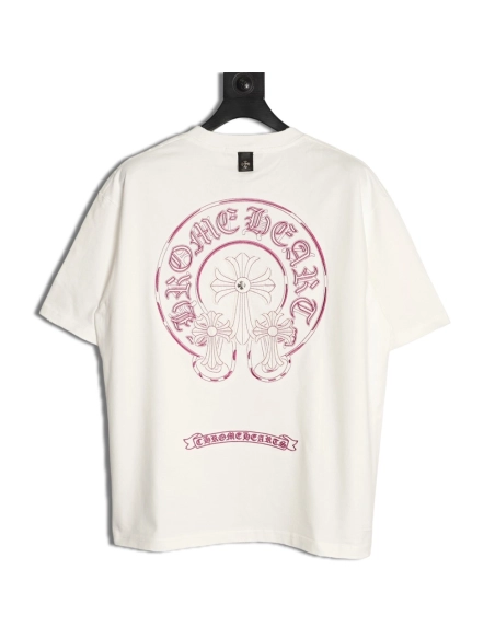 Chrome Hearts Horseshoe Cross Burnout Appliqu¨¦ Embroidered Ripped Short-Sleeve T-Shirt TSK1,Chrome Hearts