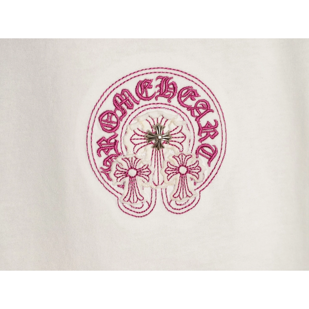 Chrome Hearts Horseshoe Cross Burnout Appliqu¨¦ Embroidered Ripped Short-Sleeve T-Shirt TSK1,Chrome Hearts