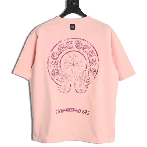 Chrome Hearts Horseshoe Cross Burnout Appliqu¨¦ Embroidered Ripped Short-Sleeve T-Shirt,Chrome Hearts