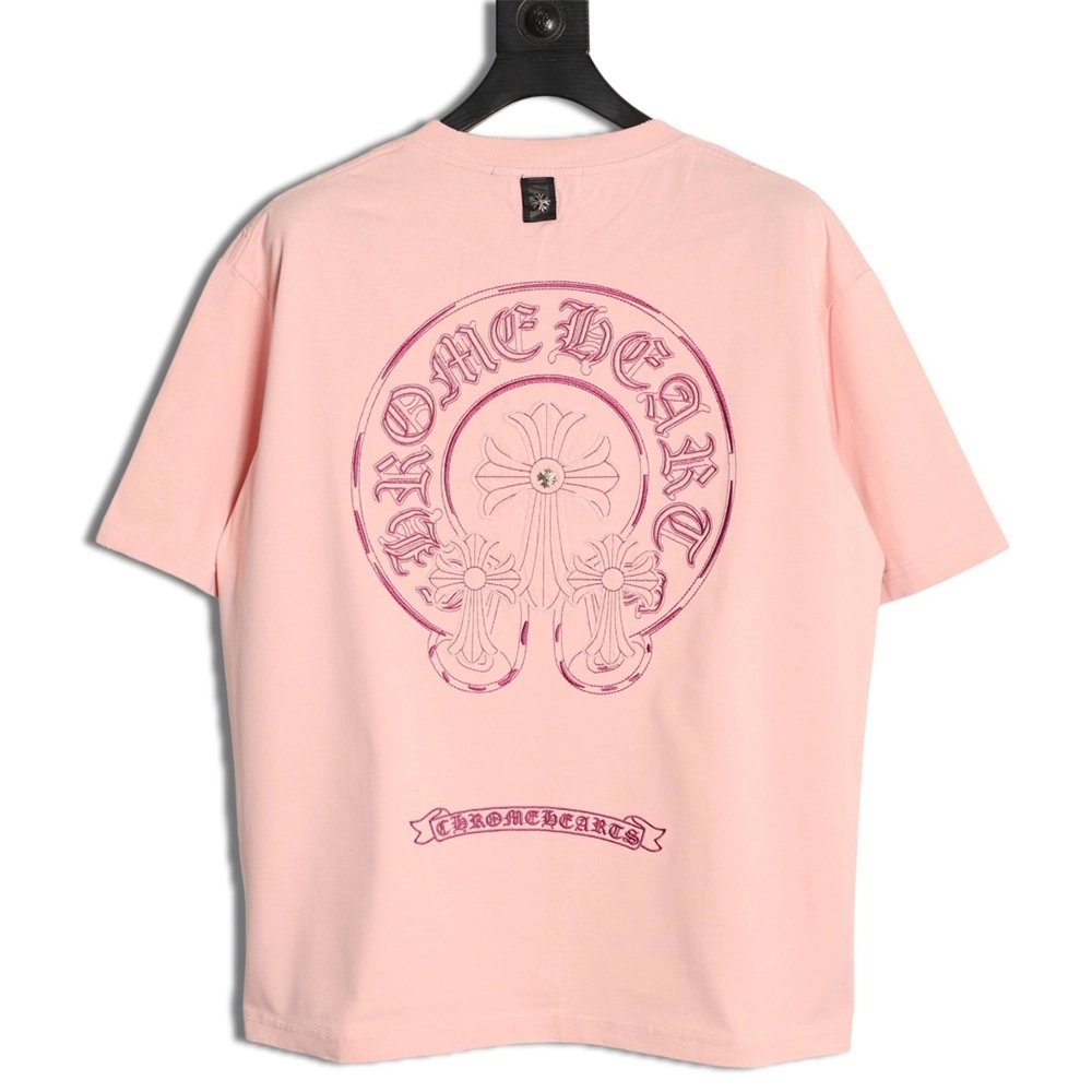 Chrome Hearts Horseshoe Cross Burnout Appliqu¨¦ Embroidered Ripped Short-Sleeve T-Shirt,Chrome Hearts