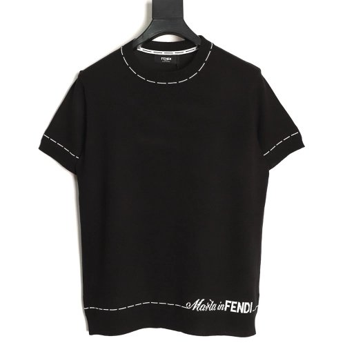 Fendi Short-Sleeve Jacquard Knit T-Shirt with Dashed-Line Lettering at the Hem,Fendi