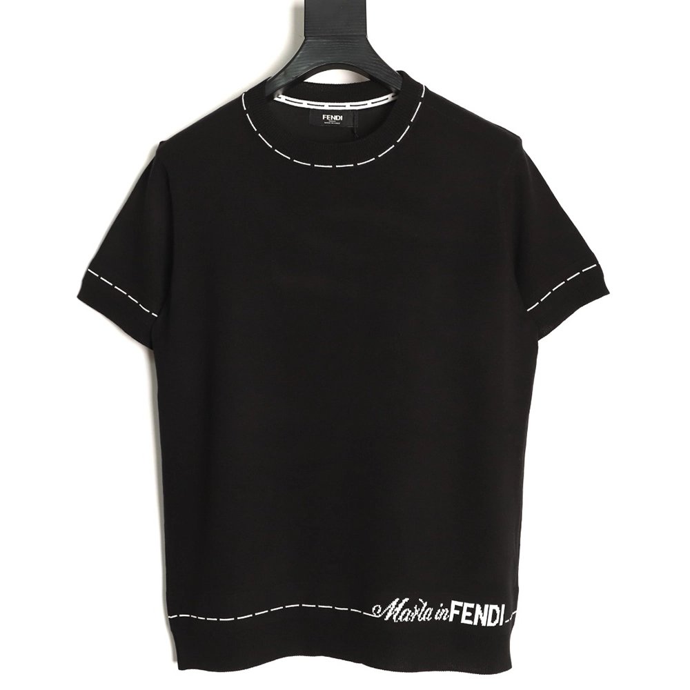 Fendi Short-Sleeve Jacquard Knit T-Shirt with Dashed-Line Lettering at the Hem,Fendi