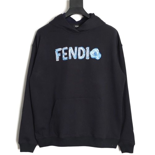 Fendi Blue Letter-Embroidered Hoodie,Fendi