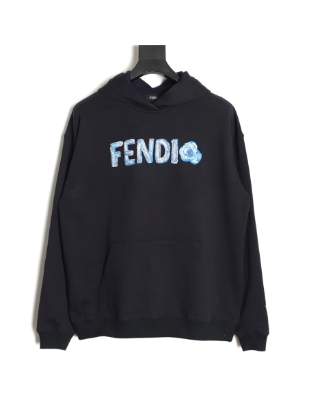Fendi Blue Letter-Embroidered Hoodie,Fendi