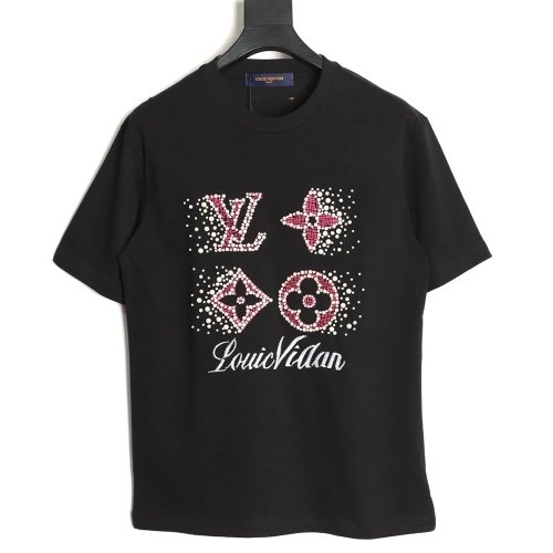 Louis Vuitton Beaded Line Embroidery Crew-Neck Short-Sleeve T-Shirt TSK1,Louis Vuitton