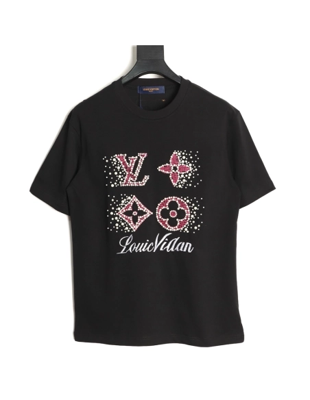 Louis Vuitton Beaded Line Embroidery Crew-Neck Short-Sleeve T-Shirt TSK1,Louis Vuitton