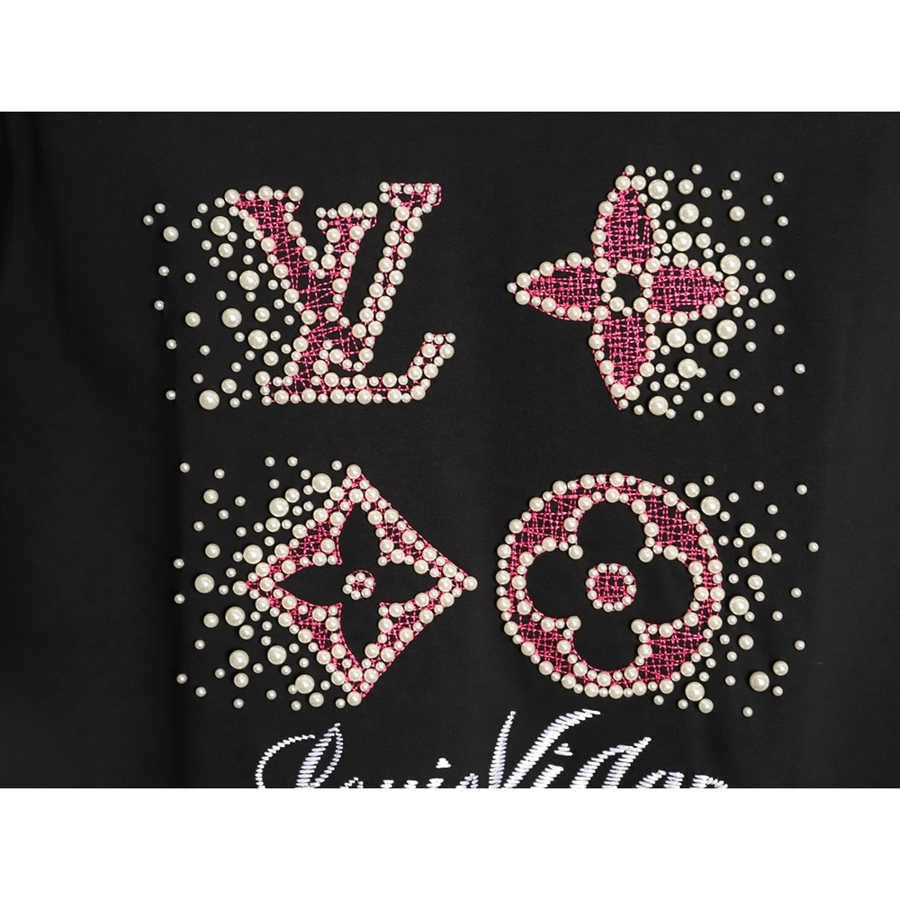 Louis Vuitton Beaded Line Embroidery Crew-Neck Short-Sleeve T-Shirt TSK1,Louis Vuitton