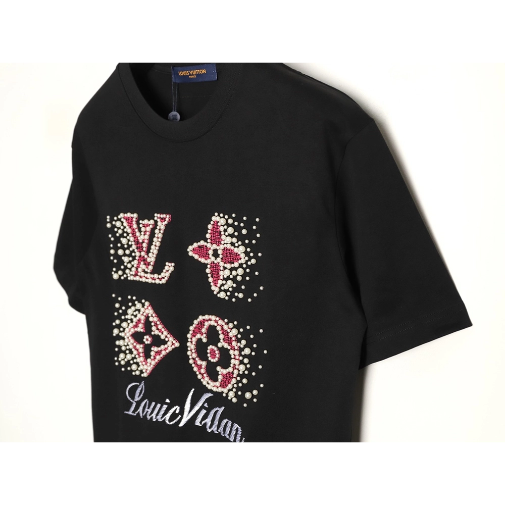 Louis Vuitton Beaded Line Embroidery Crew-Neck Short-Sleeve T-Shirt TSK1,Louis Vuitton