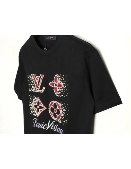 Louis Vuitton Beaded Line Embroidery Crew-Neck Short-Sleeve T-Shirt TSK1,Louis Vuitton
