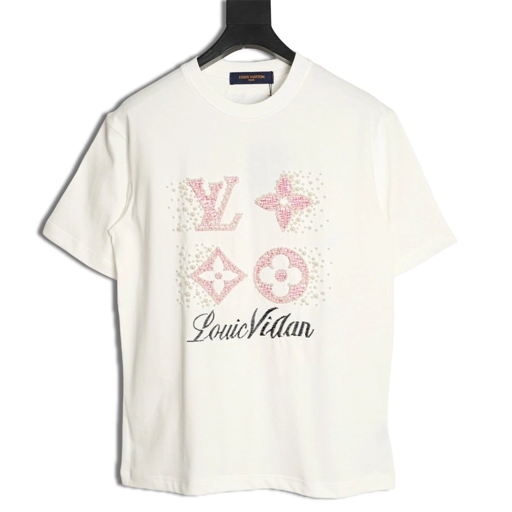 Louis Vuitton Beaded Line Embroidery Crew-Neck Short-Sleeve T-Shirt,Louis Vuitton