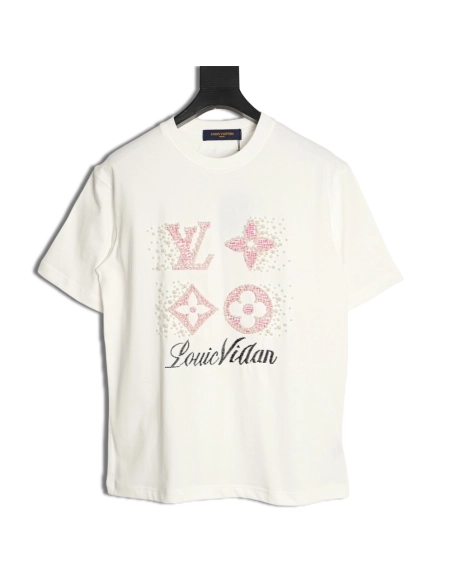 Louis Vuitton Beaded Line Embroidery Crew-Neck Short-Sleeve T-Shirt,Louis Vuitton