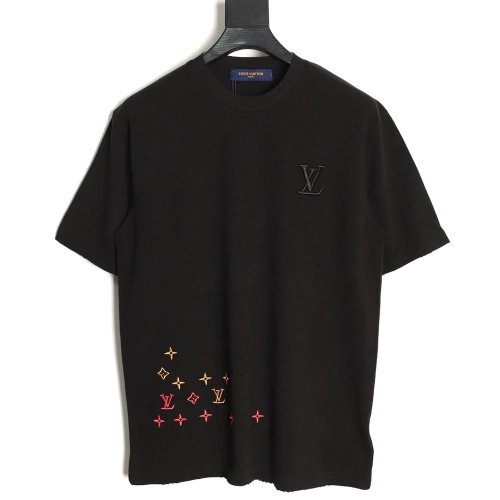 Louis Vuitton Three-Flower Hem Embroidery Crewneck Short-Sleeve T-Shirt TSK1,Louis Vuitton
