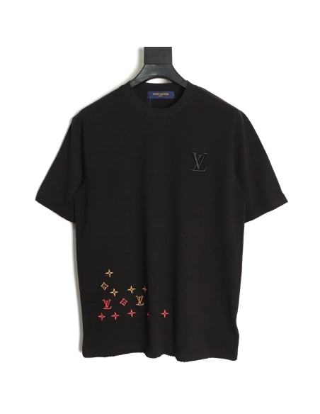 Louis Vuitton Three-Flower Hem Embroidery Crewneck Short-Sleeve T-Shirt TSK1,Louis Vuitton