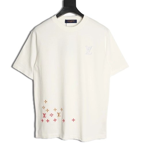 Louis Vuitton Three-Flower Hem Embroidery Crewneck Short-Sleeve T-Shirt,Louis Vuitton