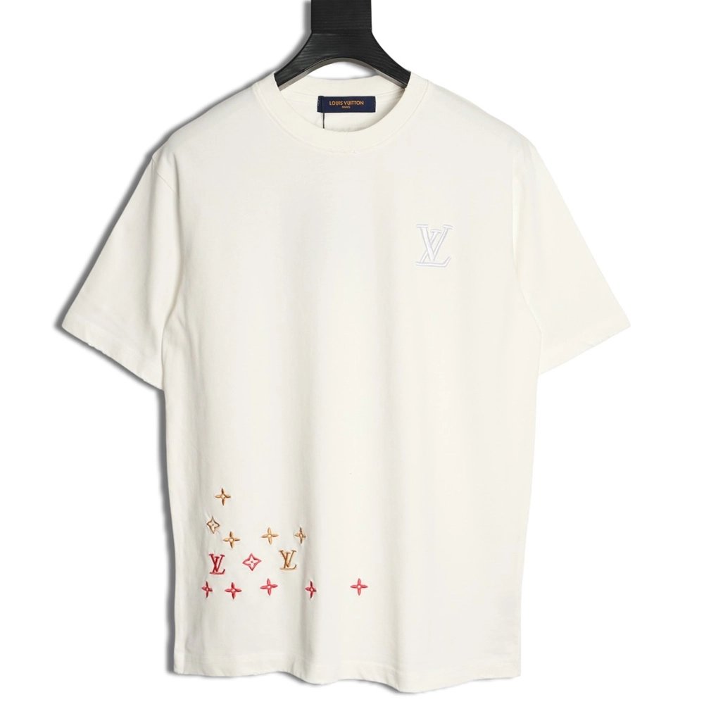 Louis Vuitton Three-Flower Hem Embroidery Crewneck Short-Sleeve T-Shirt,Louis Vuitton