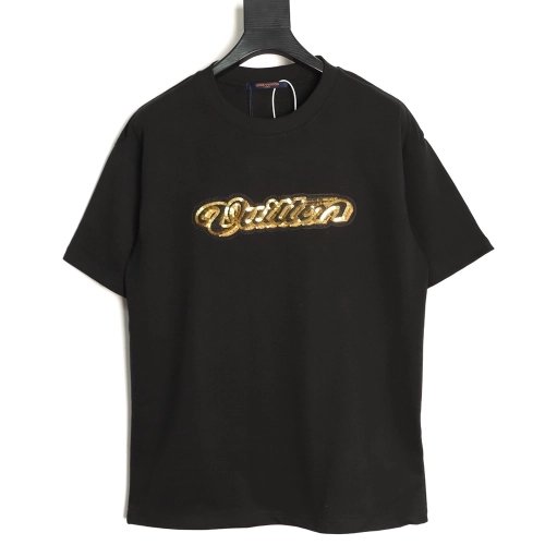 Louis Vuitton Gold Sequin Letter Logo Short-Sleeve T-Shirt TSK1,Louis Vuitton
