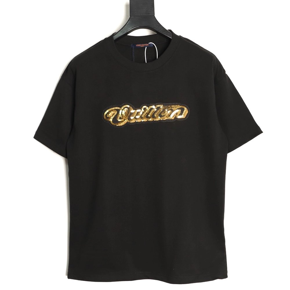 Louis Vuitton Gold Sequin Letter Logo Short-Sleeve T-Shirt TSK1,Louis Vuitton