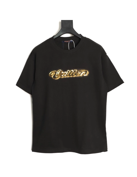 Louis Vuitton Gold Sequin Letter Logo Short-Sleeve T-Shirt TSK1,Louis Vuitton