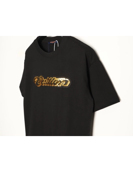 Louis Vuitton Gold Sequin Letter Logo Short-Sleeve T-Shirt TSK1,Louis Vuitton