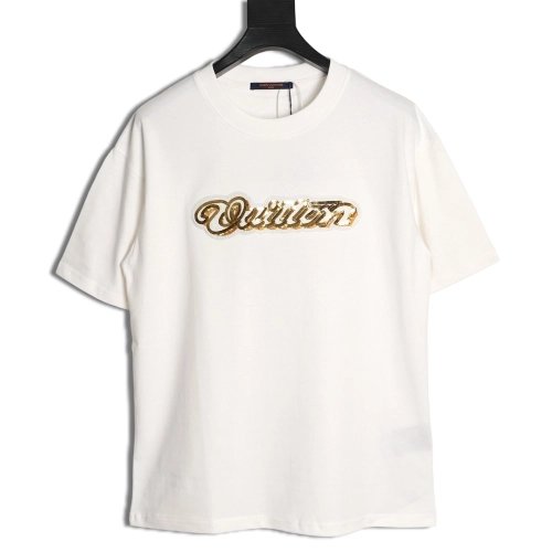 Louis Vuitton Gold Sequin Letter Logo Short-Sleeve T-Shirt,Louis Vuitton