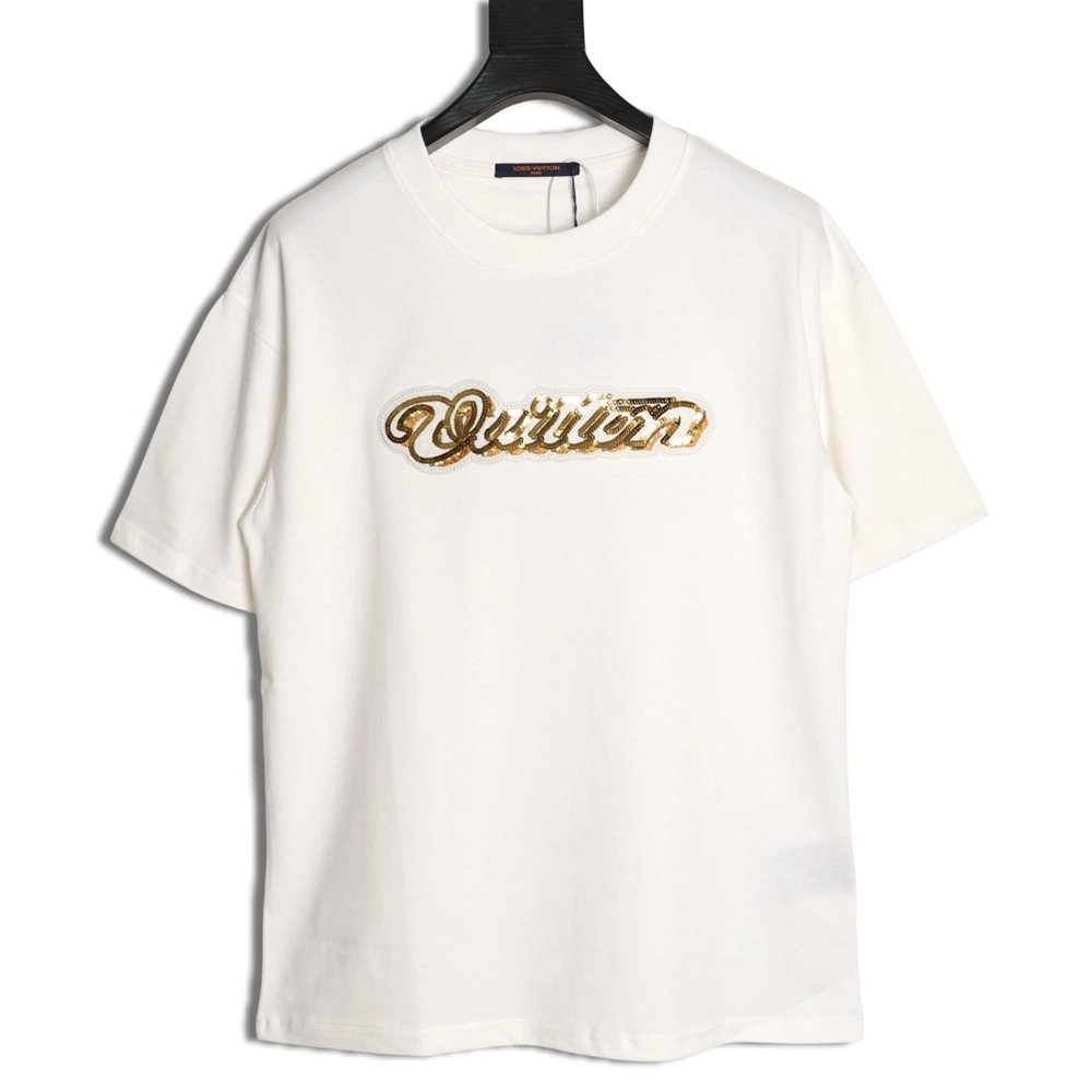 Louis Vuitton Gold Sequin Letter Logo Short-Sleeve T-Shirt,Louis Vuitton