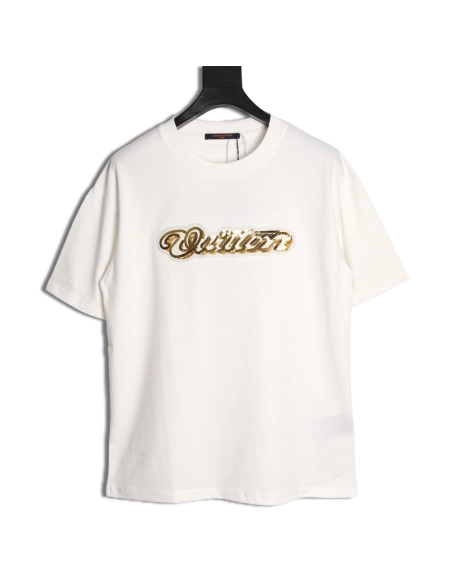 Louis Vuitton Gold Sequin Letter Logo Short-Sleeve T-Shirt,Louis Vuitton