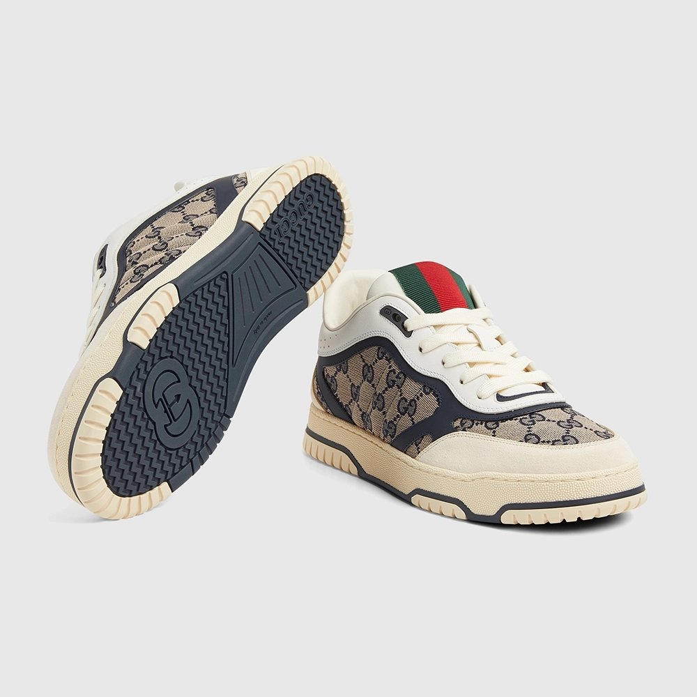 Gucci Re-Web sneaker beige and blue GG canvas,GUCCI SHOES