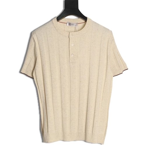 Brunello Cucinelli Button Ribbed Henley Collar Knit Short Sleeve T-Shirt,Brunello Cucinelli