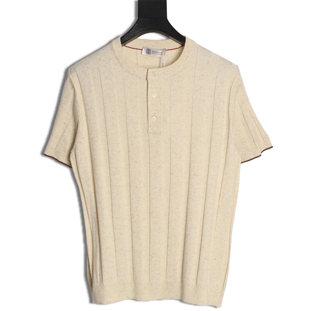 Brunello Cucinelli Button Ribbed Henley Collar Knit Short Sleeve T-Shirt,Brunello Cucinelli