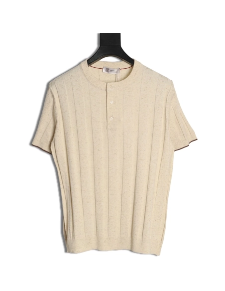 Brunello Cucinelli Button Ribbed Henley Collar Knit Short Sleeve T-Shirt,Brunello Cucinelli