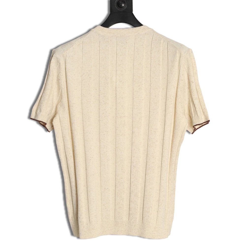 Brunello Cucinelli Button Ribbed Henley Collar Knit Short Sleeve T-Shirt,Brunello Cucinelli
