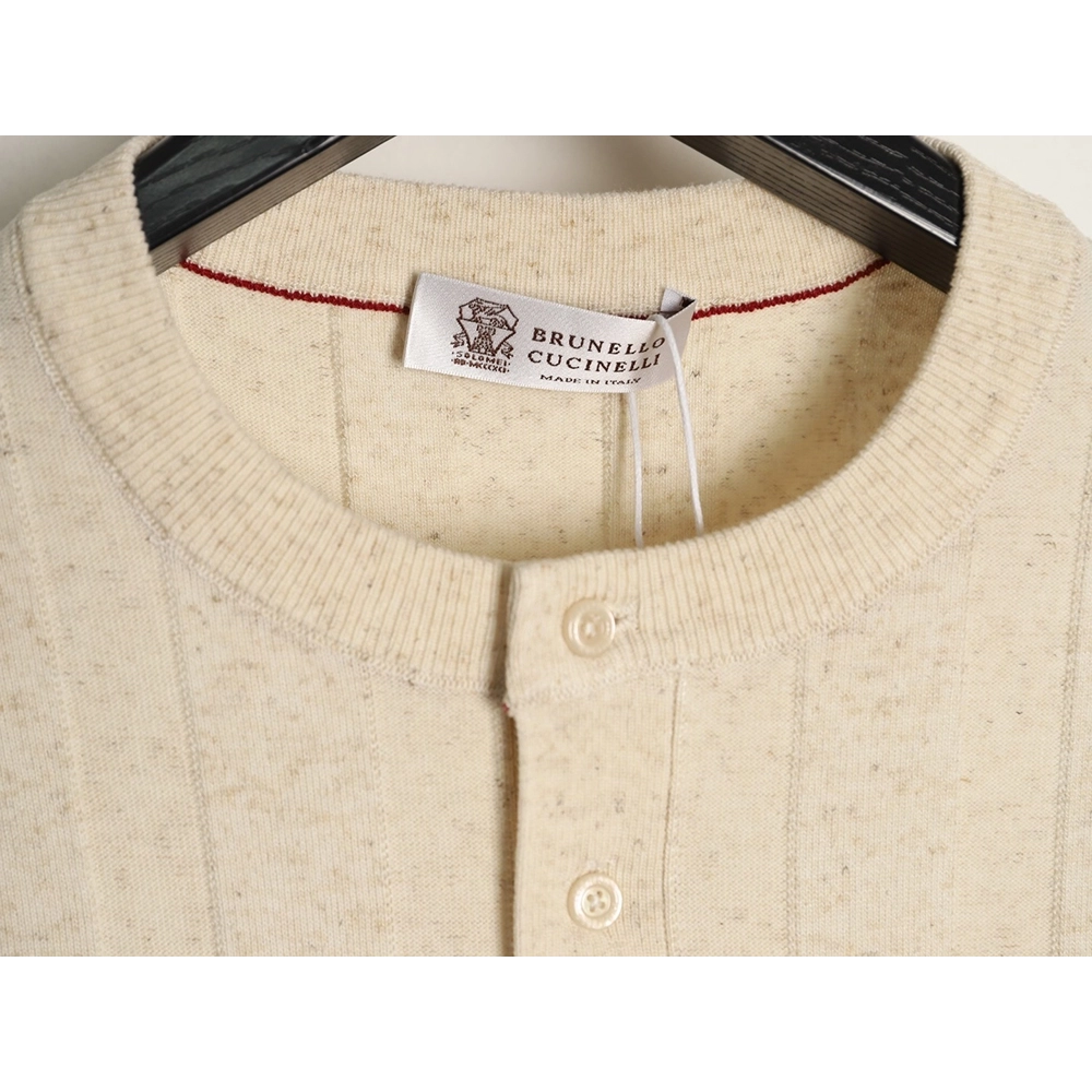 Brunello Cucinelli Button Ribbed Henley Collar Knit Short Sleeve T-Shirt,Brunello Cucinelli