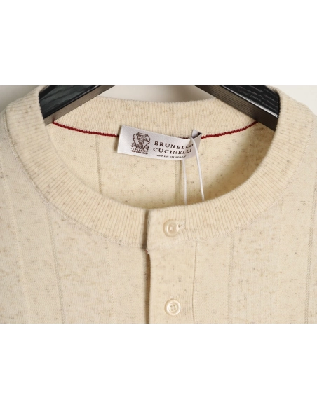 Brunello Cucinelli Button Ribbed Henley Collar Knit Short Sleeve T-Shirt,Brunello Cucinelli