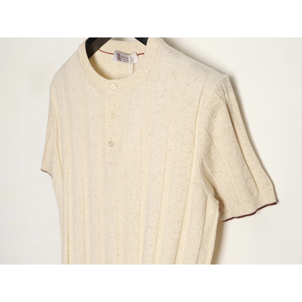 Brunello Cucinelli Button Ribbed Henley Collar Knit Short Sleeve T-Shirt,Brunello Cucinelli