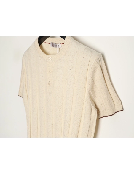 Brunello Cucinelli Button Ribbed Henley Collar Knit Short Sleeve T-Shirt,Brunello Cucinelli