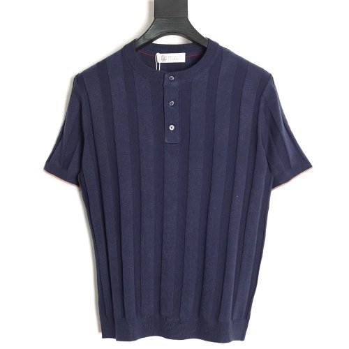 Brunello Cucinelli Button Ribbed Henley Collar Knit Short Sleeve T-Shirt TSK1,Brunello Cucinelli