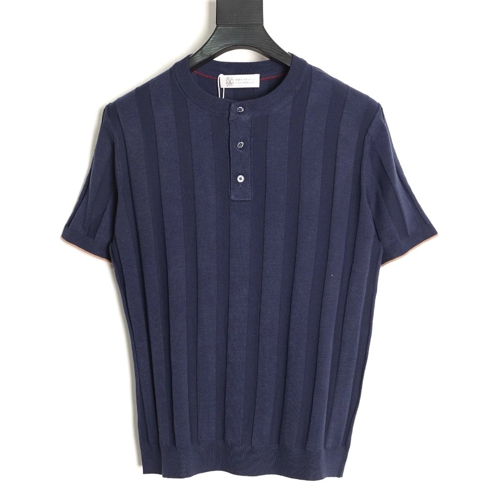 Brunello Cucinelli Button Ribbed Henley Collar Knit Short Sleeve T-Shirt TSK1,Brunello Cucinelli