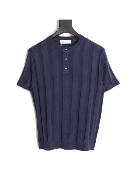 Brunello Cucinelli Button Ribbed Henley Collar Knit Short Sleeve T-Shirt TSK1,Brunello Cucinelli