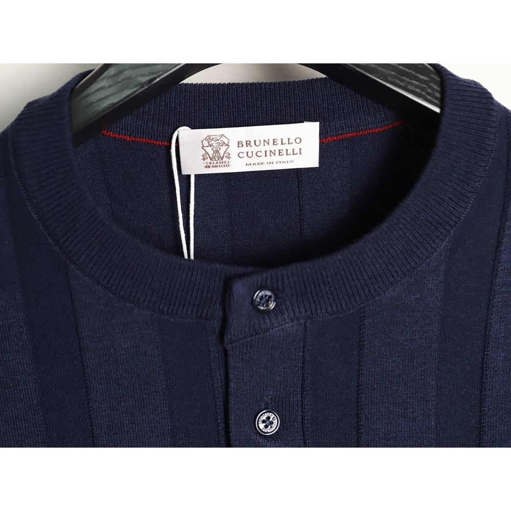 Brunello Cucinelli Button Ribbed Henley Collar Knit Short Sleeve T-Shirt TSK1,Brunello Cucinelli