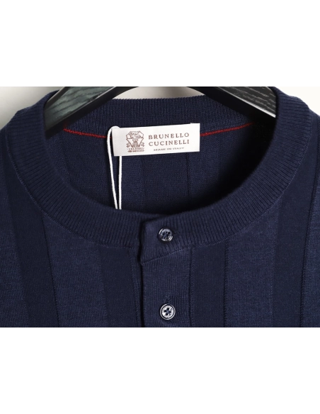 Brunello Cucinelli Button Ribbed Henley Collar Knit Short Sleeve T-Shirt TSK1,Brunello Cucinelli